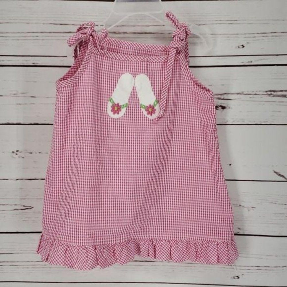 Rags Land Pink Gingham Flip Flop Applique Tie Shoulder Ruffle Top Size 3